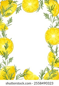 Lemons slices with rosemary sprigs on a white background. Vertical square frame with an empty text place. Banner, poster, print. Vector hand drawn illustration. Elements are not cropped