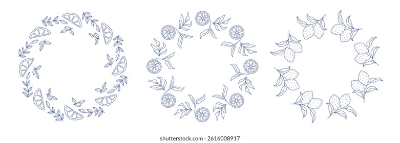 Lemons square and circle round framet. Graphic line ink yellow illustration with empty space for text. Sample poster, party invitation, holiday banner, postcard.