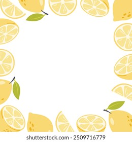 Moldura quadrada de limões. Modelo de verão brilhante com frutas cítricas. Ilustração vetorial com espaço vazio para texto. Design para cartão ou banner