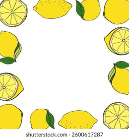 Lemons square frame. Bright summer template with citrus fruits. Vector graphic line ink  illustration with empty space for text. Design for card or banner
