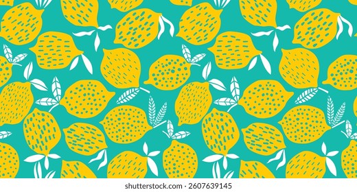 Lemons are stylized with various textures, including dots, dashes, and lines, adding visual interest. Each lemon is accompanied by white leaves, creating a sense of freshness and summery vibes.