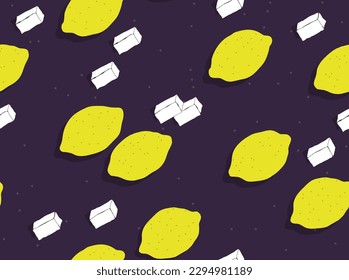 Lot of lemons and sugar lumps on purple background seamless pattern. Flow of tea, lemonade or juice ingredients pop art vector illustration