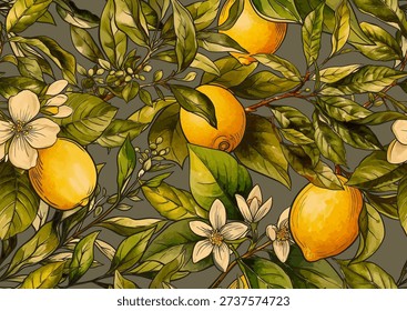 Lemons and tea botanical seamless pattern. Hand-drawn citrus fruit, tea leaves, flowers, and branches in vintage style. Natural, organic motif for textile, wallpaper, food, drink, kitchen projects.