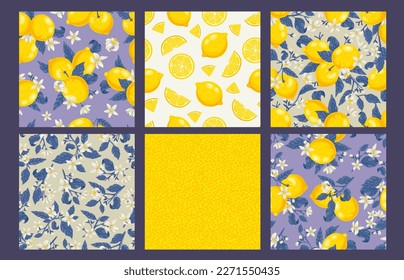 Lemons texture pattern. Yellow lemon peel, blossom on branches and sliced fruits seamless vector background set. Natural organic citrus with vitamin c, flowers and leaves for fabric