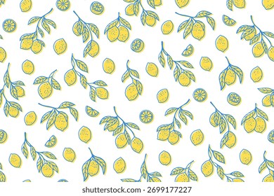 Limões árvore ramo sem emenda padrão. Diferentes ramos folhagem ilimitado fundo mão desenhado estilo moderno. Frutos decorativos citrus infinito design papel impressão, têxtil, modelo de pano de fundo envoltório