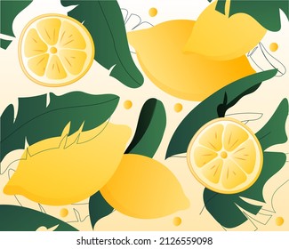 Lemons tropical pattern. Picture for printing on fabric. Background, wallpaper for computer and phone and graphic elements for site. Minimalist poster or banner. Cartoon flat vector illustration