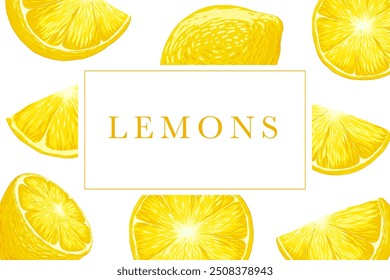 Lemons vector card. Citrus sticker design. Chopped lemon. Text retro typography. Fruity pattern cover background. Label for food, drink, flavour packaging. Uncut elements. White background