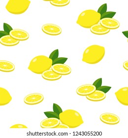 Lemons vector seamless pattern. Lemon fruits, leaves and slices isolated on white background, texture design.