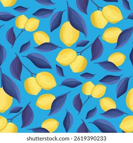 Lemons vector seamless pattern on blue background