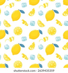 Lemons vector seamless pattern. Various lemons, ice and zest in flat style on white background