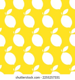 Lemons vector seamless pattern. White vector flat silhouettes on yellow background. Best for textile, wallpapers, home decoration, wrapping paper, package and web design.