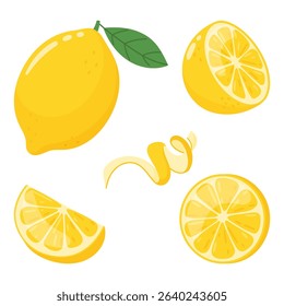 Lemons vector set, various lemons, slices and zest in simple flat style on white background