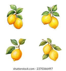 Lemons vector watercolor illustration set, Lemons 3D realistic icon