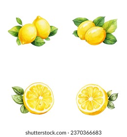 Lemons vector watercolor illustration set, Lemons 3D realistic icon