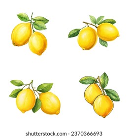 Lemons vector watercolor illustration set, Lemons 3D realistic icon