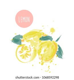 Lemons white line drawn on a white background. Vector drawing of fruits. Abstract spots. Colored lemons