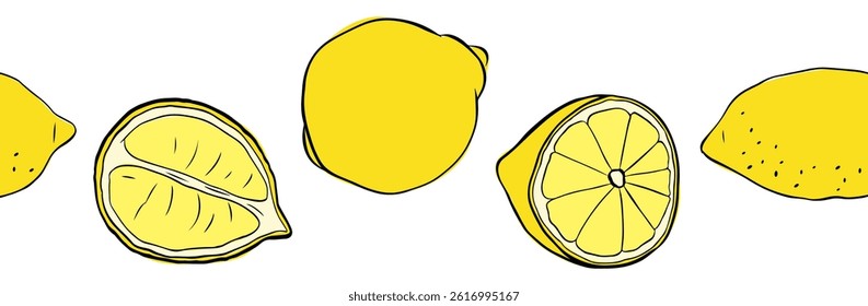 Lemons whole and cut seamless horizontal border. Citrus lemons line graphic ink vector art. Design for menu, package, cosmetic, textile, package
