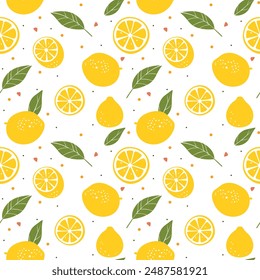 Lemons, whole and cut, seamless pattern for decorating fashion designs, fabrics, wallpapers and all prints.  on a white background