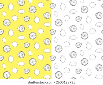 Lemons whole and cut seamless pattern. Vector black and white graphic line ink illustration on transparent background. fruit background for banners, print for fabric, labels, t-shirt printing.
