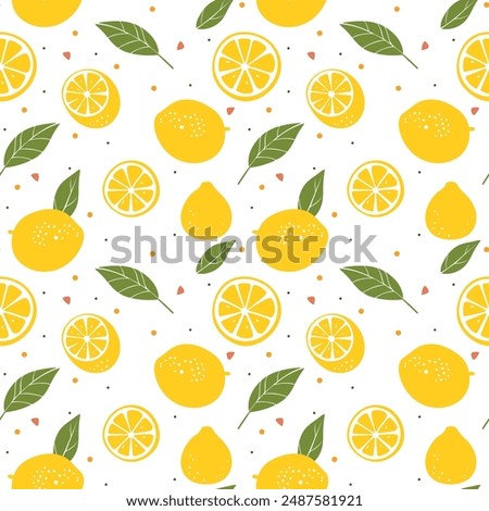 Lemons, whole and cut, seamless pattern for decorating fashion designs, fabrics, wallpapers and all prints.  on a white background