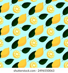 lemons whole and cut seamless vector pattern, citurs with leaves endless fruit print, flat style