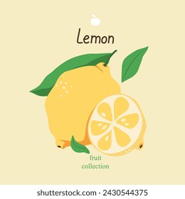 Lemons. Whole and half of lemon on beige background. Colorful hand drawn vector illustration of fruits for textiles, cards, posters, prints