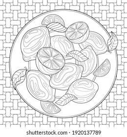 Lemons (whole and sliced) with leaves on a plate, tablecloth with simple pattern. Summer doodle fruit illustration on a isolated background. For coloring book pages.
