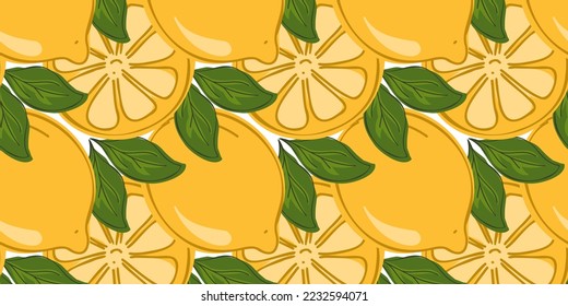 Lemons whole and sliced ​​seamless pattern. Hand drawing. Beautiful vector seamless pattern with citrus fruits. Doodle. Suitable for wallpaper, web page background, surface textures, textile.