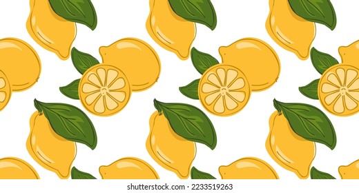 Zitronen ganz und geschnitten ​ ​ nahtloses Muster. Handzeichnung. Schönes, nahtloses Muster mit Zitrusfrüchten. Doodle. Geeignet für Tapete, Webseitenhintergrund, Oberflächenstruktur, Textilien.