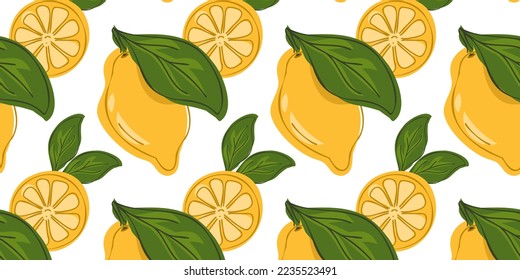 Lemons whole and sliced ​​seamless pattern. Hand drawing. Beautiful vector seamless pattern with citrus fruits. Doodle. Suitable for wallpaper, web page background, surface textures, textile.