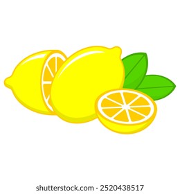 lemons. whole and sliced ​​lemons. vector illustration. flat style. fruit theme. vitamin c. lemon flavored food. lemon flavored drink.
