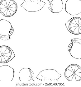 Lemons whole and slices square frame. Black and white template with citrus fruits. Vector graphic line ink illustration with empty space for text. Design for card or banner
