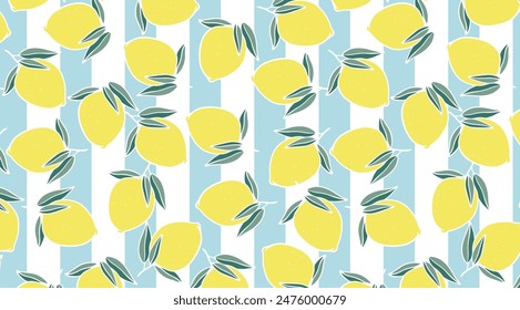 Lemons wit stripes seamless pattern. Citrus fruits on light blue striped background. Floral design for textile, wallpaper, and print.	