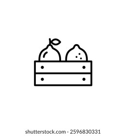 Lemons in wooden crate. Farmers fruits and vegetables. Eco groceries. Pixel perfect, editable stroke vector icon