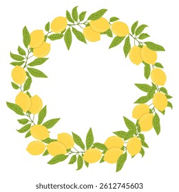 Lemons wreath, round frame, botanical vector illustrations. Lemon fruit