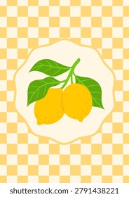 Lemons and yellow checkered pattern. Juicy lemons on branch with leaves. Tropical sour citrus fruits. Healthy natural food. Mediterranean poster design. Vector flat illustration