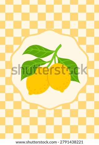 Lemons and yellow checkered pattern. Juicy lemons on branch with leaves. Tropical sour citrus fruits. Healthy natural food. Mediterranean poster design. Vector flat illustration