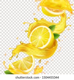 Lemons in yellow juice splashes realistic illustration. Flowing lemonade