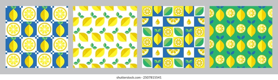 Lemons.Abstract geometric seamless pattern set.Summer botanical vector illustration.Citrus flavor.Organic food.Modern design with fruits and leaves.Simple icons in flat style.Decoration backgrounds.