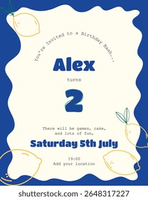 Lemon-Themed Birthday Invitation for Boy – Editable Party Card Design, Blue Border