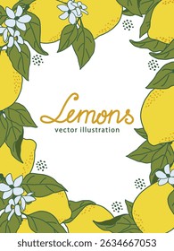 Lemon-themed vector illustration features bright lemons and green leaves arranged in a decorative border. Perfect for designs that want a fresh citrusy theme.