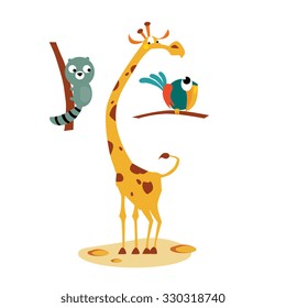 Lemour, Giraffe and Bird. Set of tropical animals vector illustrations in flat style
