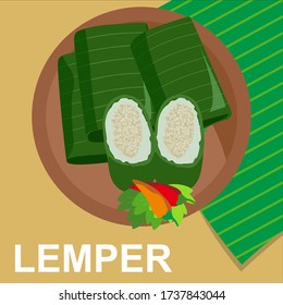 Lemper is a snack made from sticky rice that usually contains shredded or chopped chicken meat, and wrapped in banana leaves.