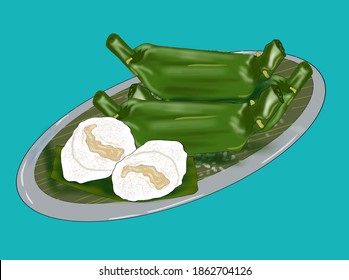 Lemper is a typical food from Indonesia made from sticky rice which usually contains shredded or minced chicken, and wrapped in banana leaves.