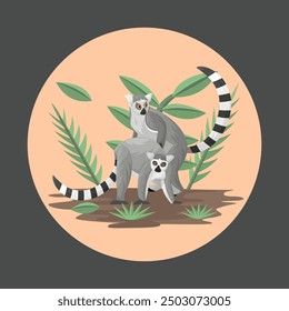 Lemur Animal Couple Flat Vector Colorful with Nature Background Elements