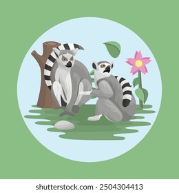 Lemur Animal Couple Flat Vector Colorful with Nature Background Elements