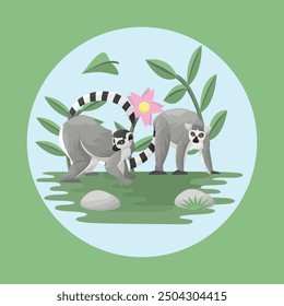 Lemur Animal Couple Flat Vector Colorful with Nature Background Elements