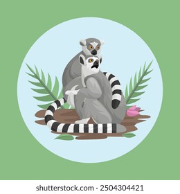 Lemur Animal Couple Flat Vector Colorful with Nature Background Elements