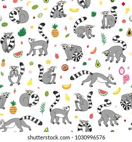 Lemur animal with tropical fruits funny vector illustration seamless pattern