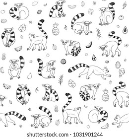 Lemur animal with tropical fruits funny vector illustration seamless pattern